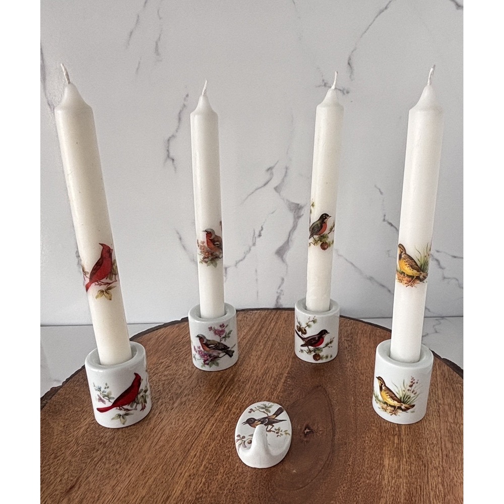 Set of 5 Funny Design Porcelain Candle Holders & Hook Bird Design ~ with candles